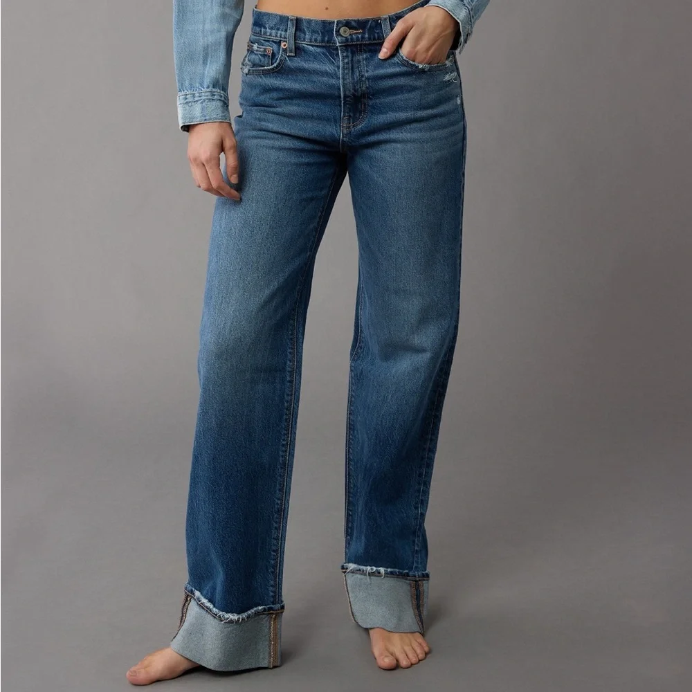 AE Stretch High-Waisted Stovepipe Cuffed Denim Jean Wide Leg Medium Wash 0R - Picture 1 of 16